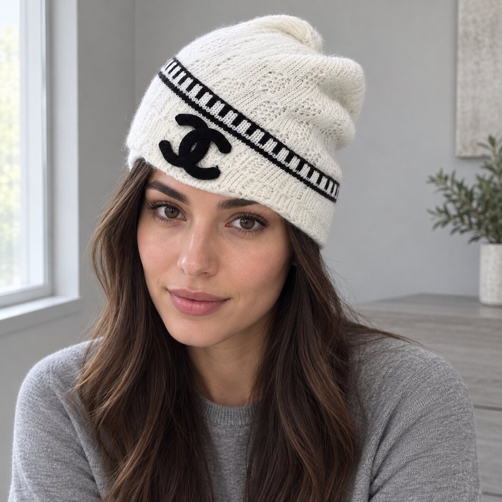 CHANEL White Knit Beanie Black Trim - Picture 2 of 6